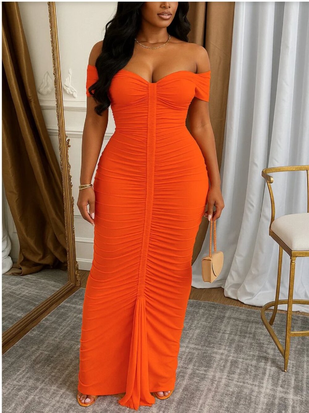 Off Shoulder Ruched Bodycon Solid Party Maxi Dresses-Orange